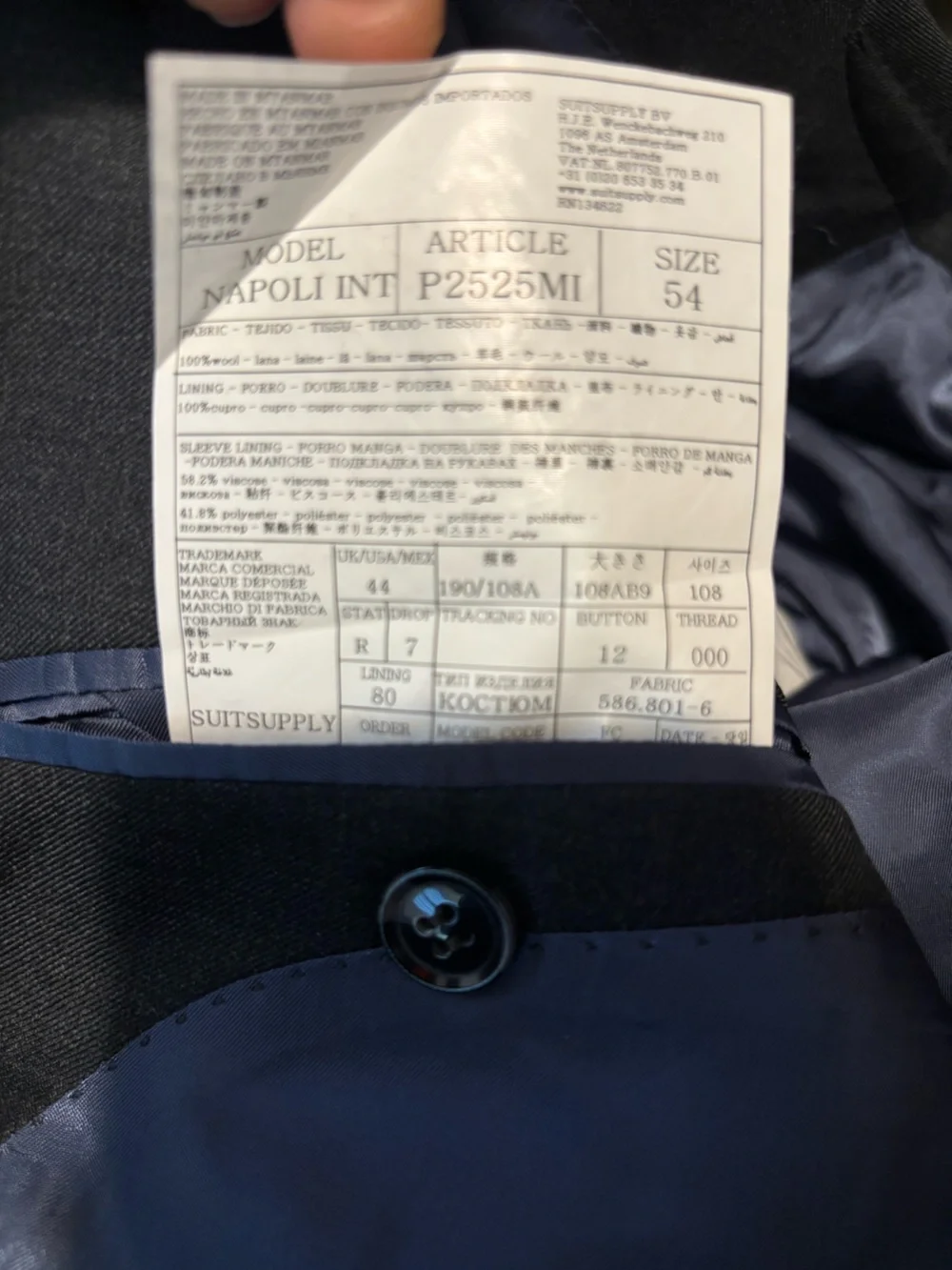 Suit Supply Vitale Barberis Canonico Wool  Dark Grey 2 Button Blazer Size 54